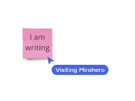 Screenshot from Miro showing a sticky note that says 'I am writing' with a pointer arrow and a name that says 'Visiting Mirohero'