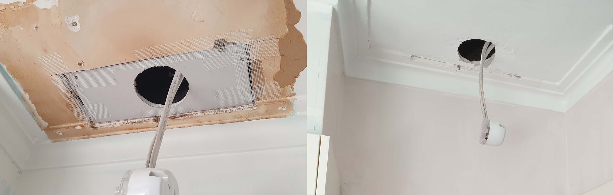 2 photos showing a ceiling repair - the first is unpainted, the second is painted and plastered