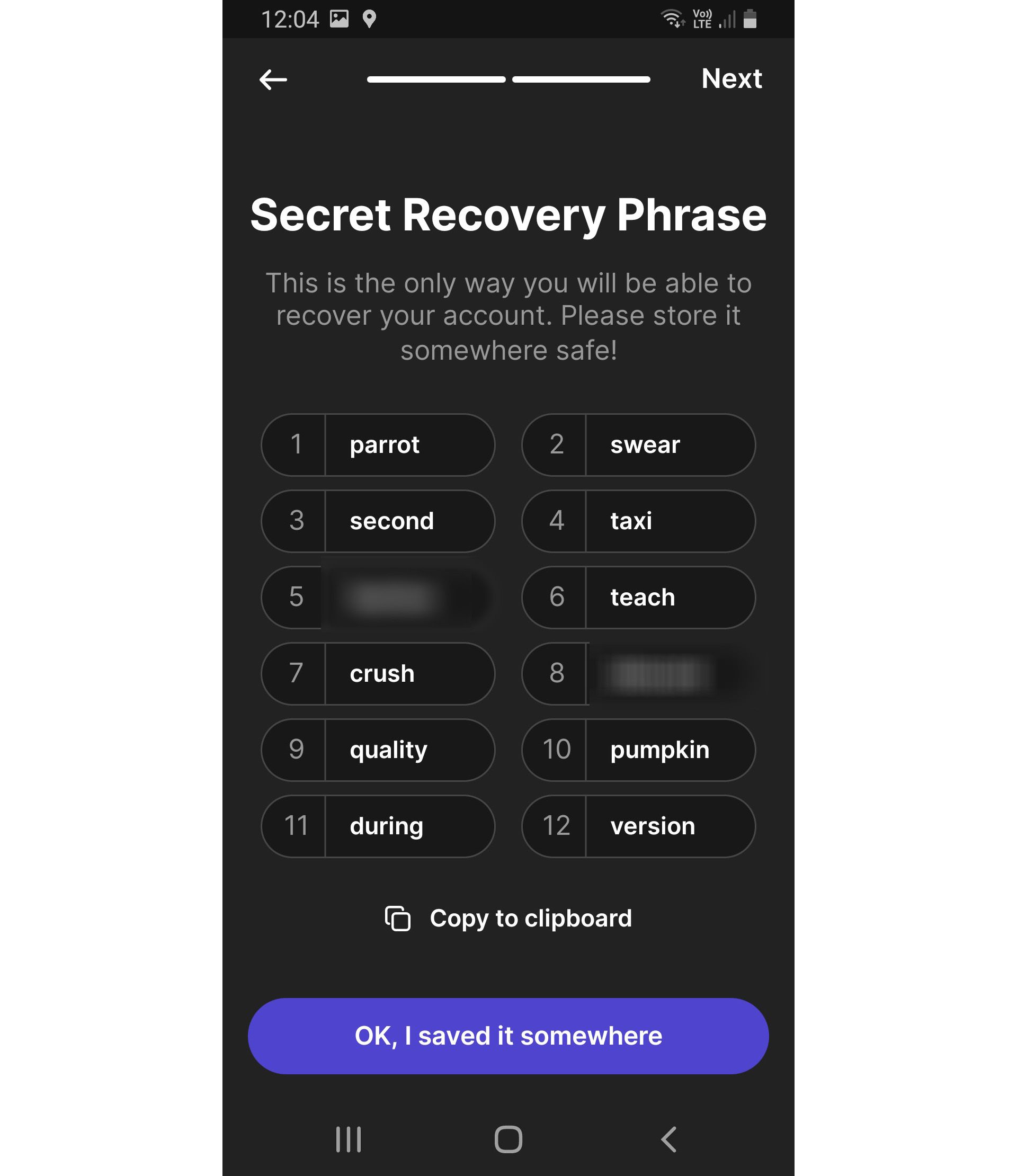 Screenshot from Phantom wallet showing 12 words that the user must record somewhere