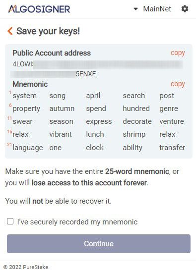 Screenshot from Algosigner showing a long account addres and 25 word phrase, with warnings about not losing the phrase