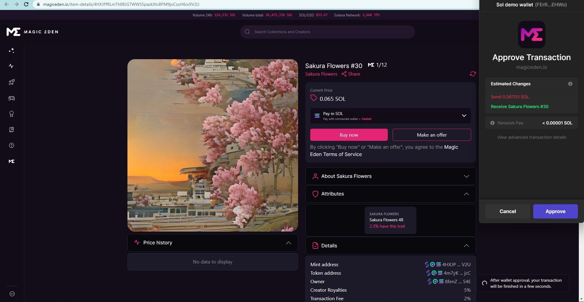 Screenshot of Magiceden showing a digital artwork with cherry blossoms, some information about the artwork and a transaction approval box that shows the amount you are sending and what you'll recieve
