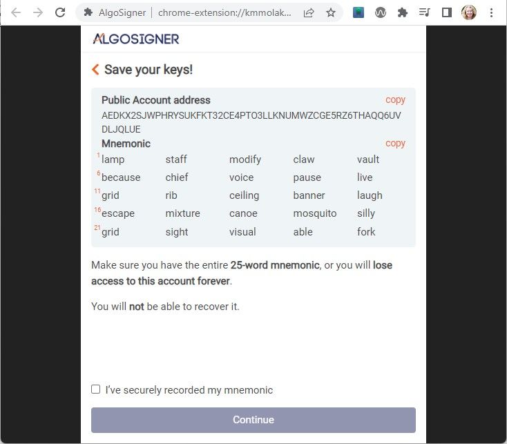 Screenshot from Algosigner showing a long string of characters as an address, and 25 words as a mnemonic