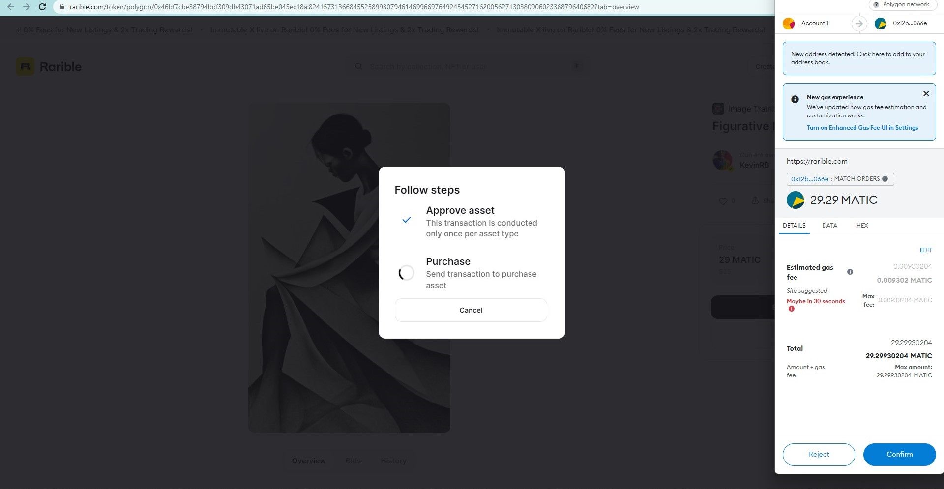 A screenshot from Rarible, showing that I am about to purchase. There is a box at the side with a lot of information about gas and fees and the maximum amount to pay, and nothing about what I am about to buy