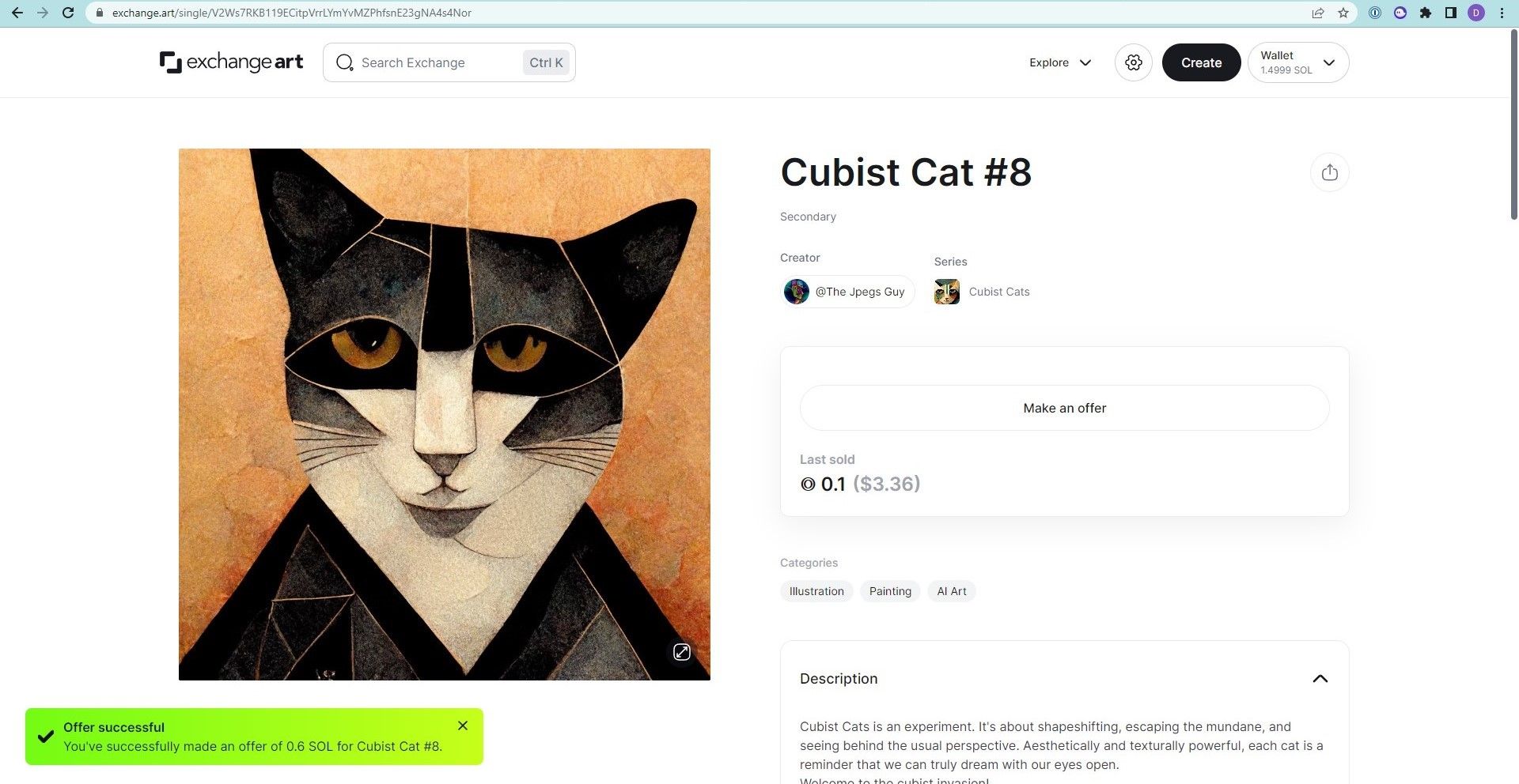 Screenshot from ExchangeArt - with a black and white cat in cubist style. There is a notification that the offer was accepted, but the other information on the page doesn't reflect the notification