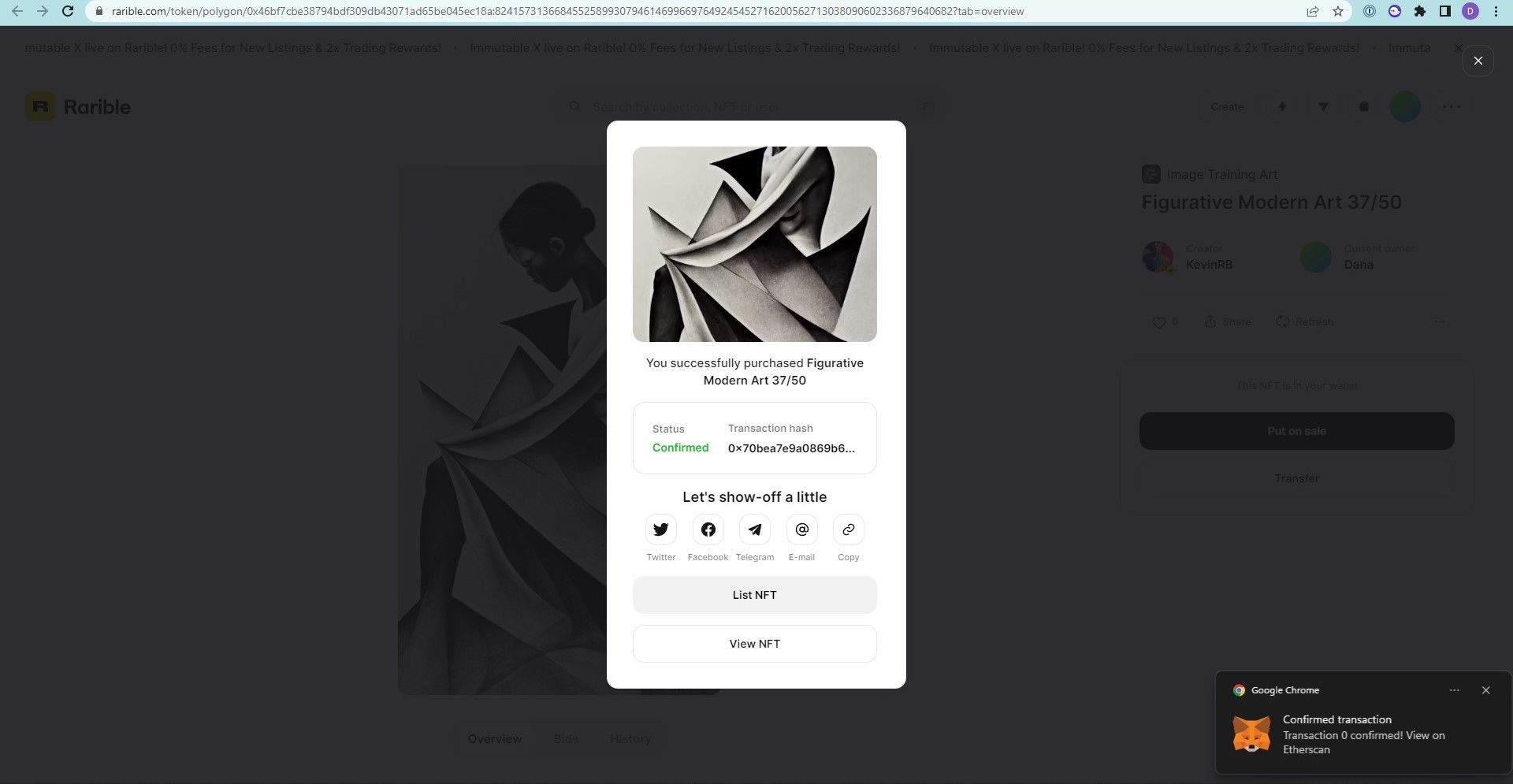 A screenshot from Rarible showing a piece of abstract art and 2 confirmations that the transaction was successful