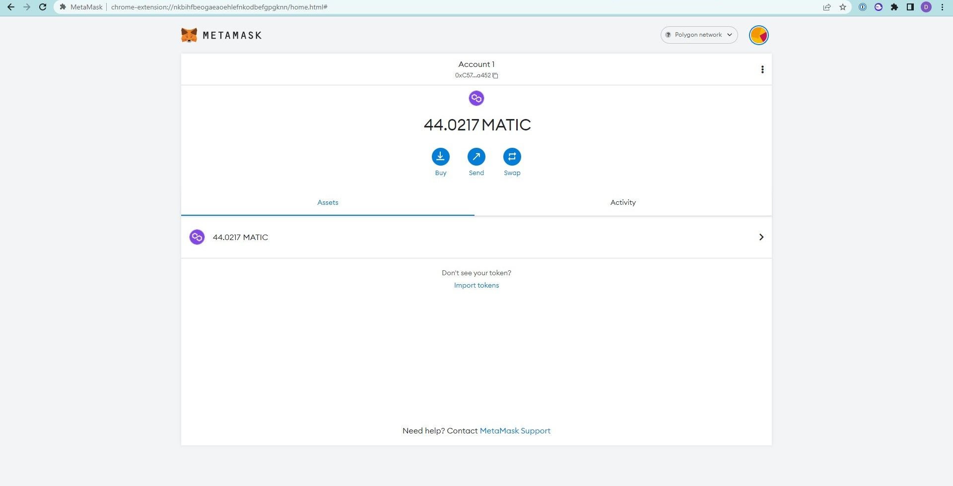 Screenshot from my Metamask wallet, showing just my coin balance and no NFT