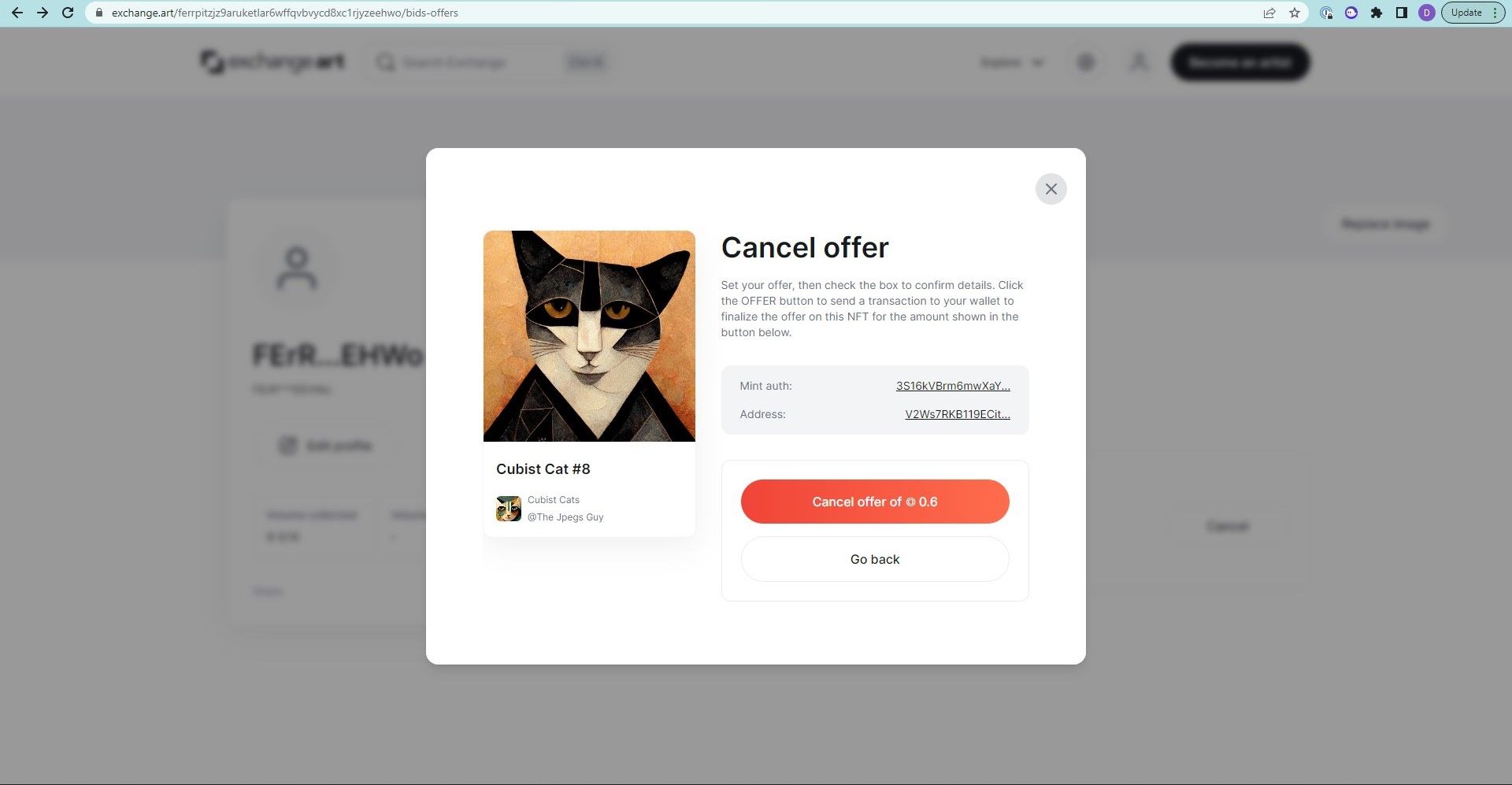 A screenshot from ExchangeArt - a black and white cat in cubist style. The heading is 'Cancel offer' but the body copy talks about setting the offer. There is no information about what will happen next.