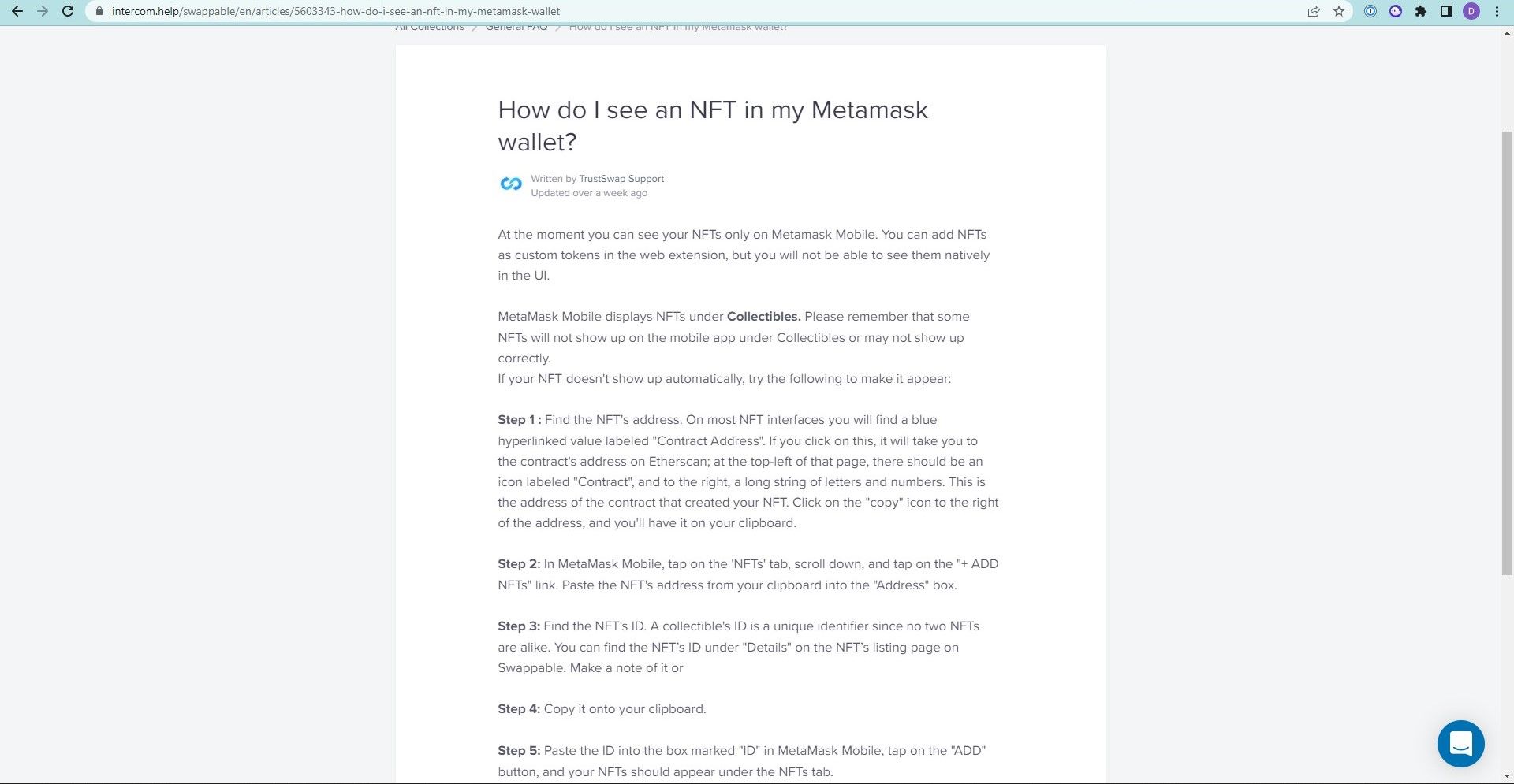 A screenshot of an article that explains how to add an NFT to metamask mobile