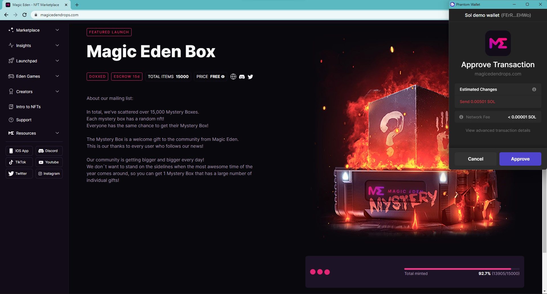 A screenshot from Magic Eden box, where the transaction only shows money out