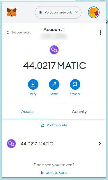 Screenshot of Metamask, with a link that says 'Portfolio site'