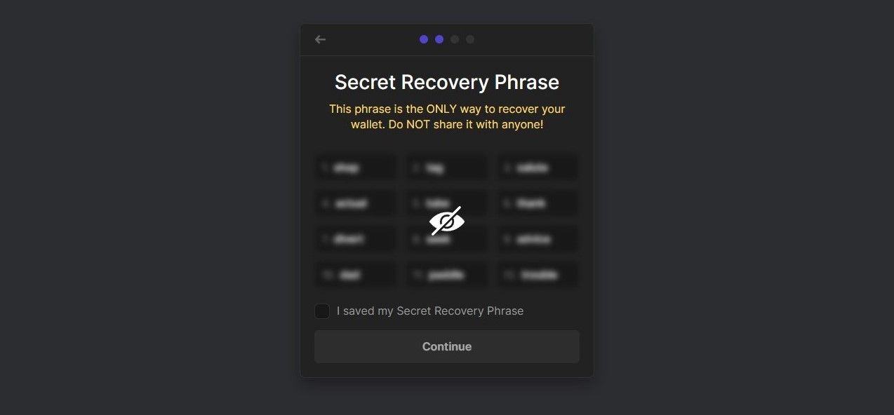 A screenshot of a recovery phrase screen with the warning "This phrase is the ONLY way to recover your password. Do NOT share it with anyone"